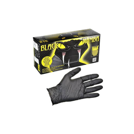 Black gloves with Mamba branding on a white background