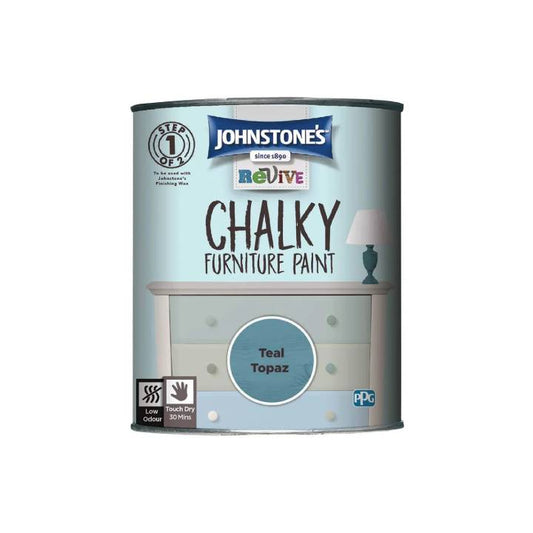 Can of Johnstones Chalky Furniture Paint in Teal Topaz on a white background