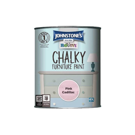 Can of Johnstones Chalky Furniture Paint in Pink Cadillac color on a white background