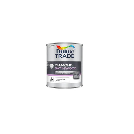 Dulux Trade Diamond Satinwood paint can on a white background