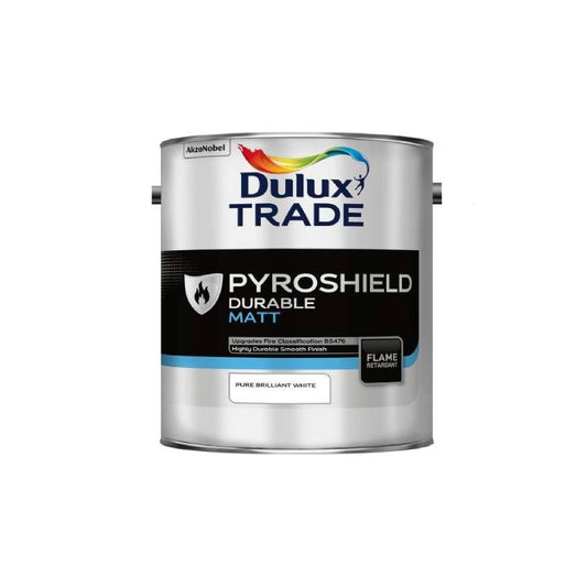 Dulux Trade Pyroshield durable matt paint can on a white background