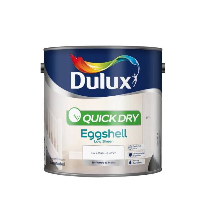 Dulux Quick Dry Eggshell paint can on a white background