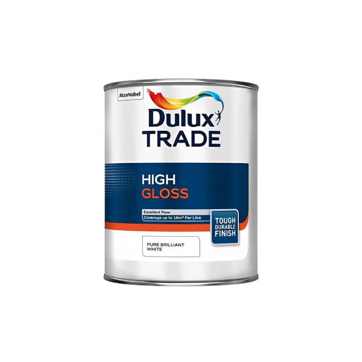 Dulux Trade high gloss paint can on a white background
