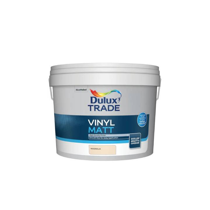 Dulux Trade vinyl matt paint container on a white background.