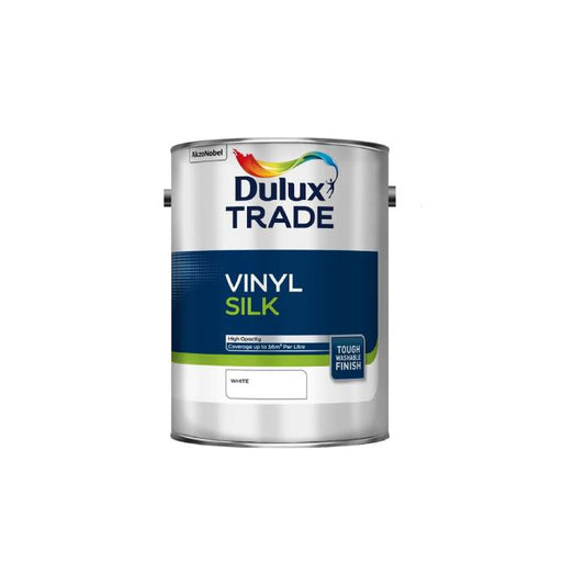 Dulux Trade Vinyl Silk paint can on a white background