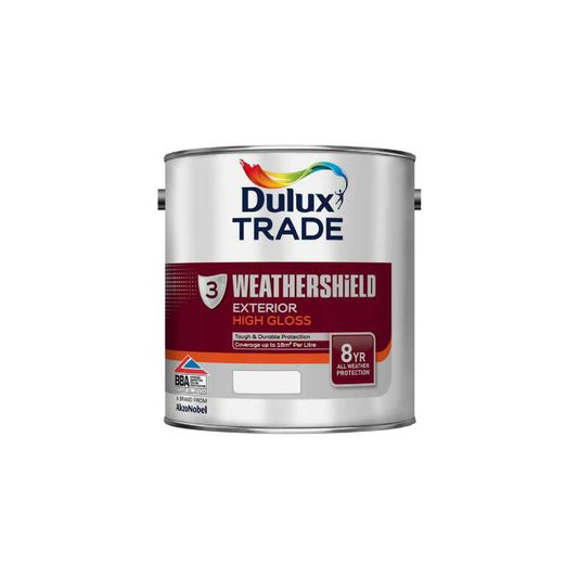 Dulux Trade Weathershield exterior high gloss paint can on a white background