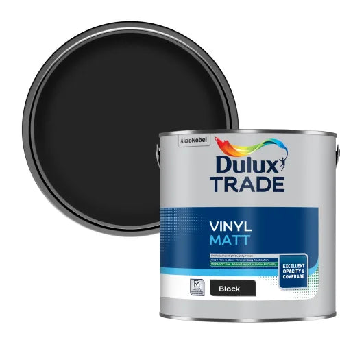 Dulux Trade vinyl matt black paint can with open lid on a white background