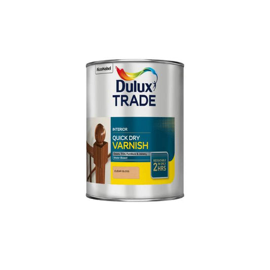 Dulux Trade quick dry varnish can on a white background