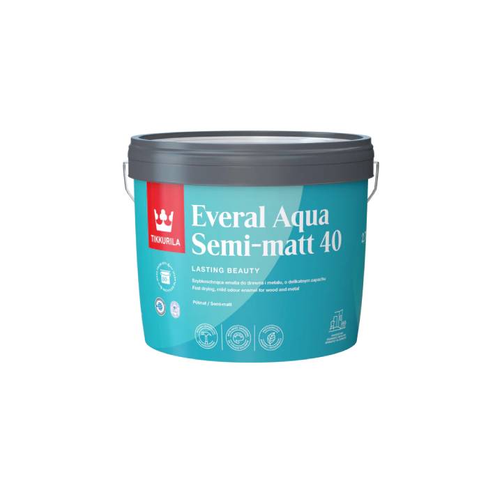 Bucket of Everal Aqua Semi-matt 40 paint on a white background 