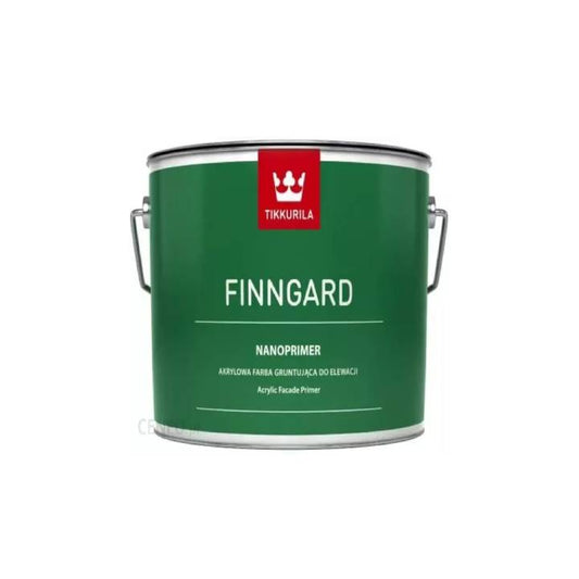 Green paint can with Tikkurila Finngard Nanoprimier label on a white background