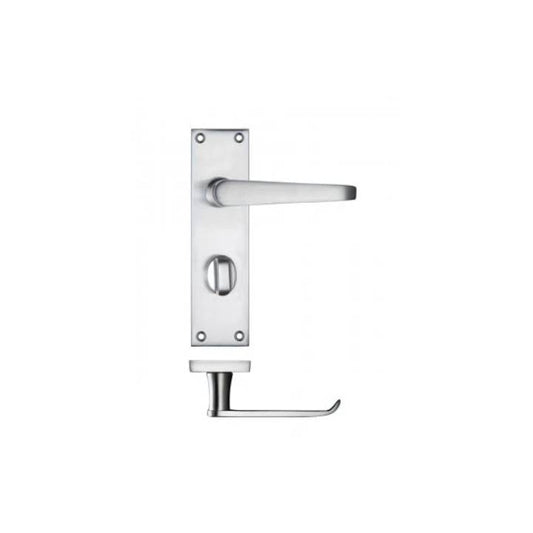 Chrome door handle and lock set on a white background