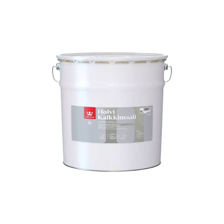 White paint bucket with a label on a white background