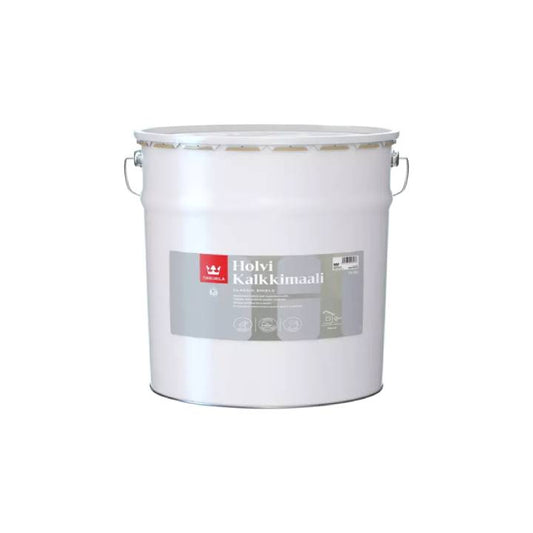 White paint bucket with a label on a white background