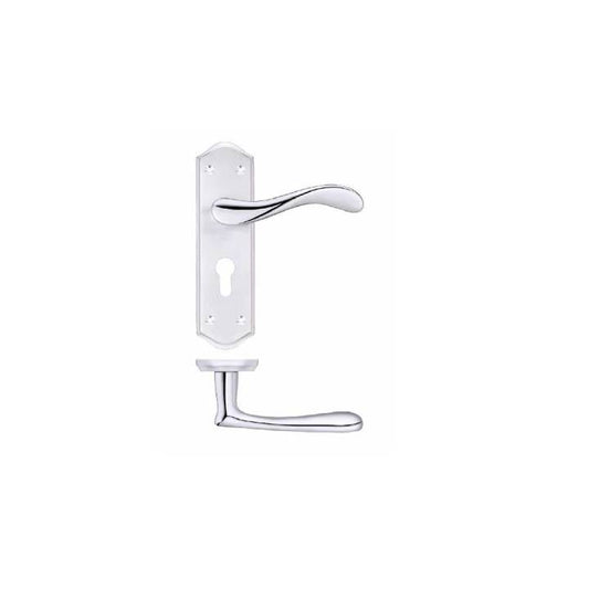 Chrome door handle set on a white background