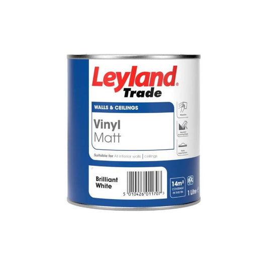 Leyland Trade vinyl matt paint can on a white background