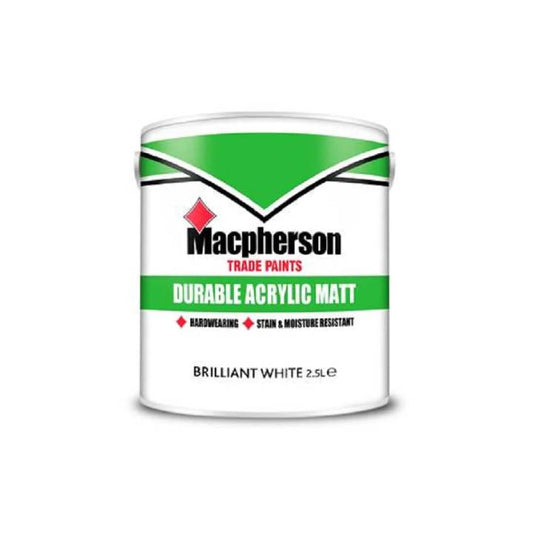 Macpherson Trade Paints can in Brilliant White on a white background