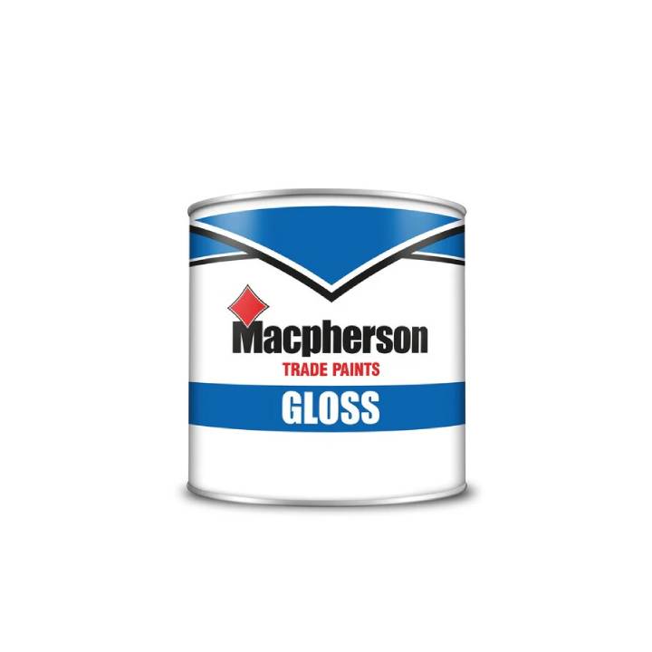 Macpherson trade paints can with blue and white label on a white background