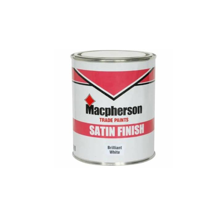 Can of Macpherson trade paint with satin finish label on a white background