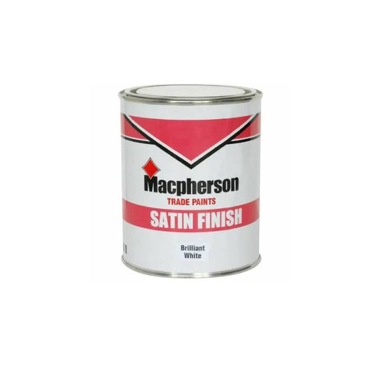Can of Macpherson trade paint with satin finish label on a white background