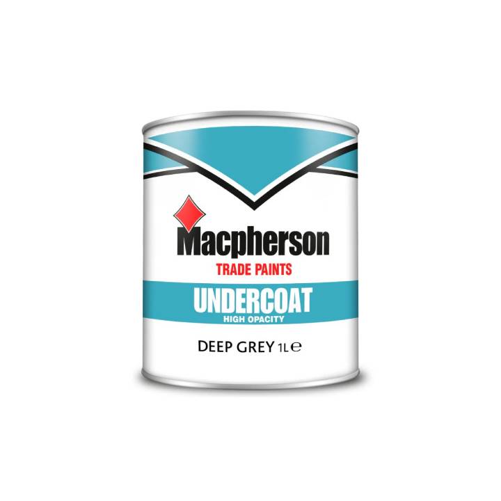 Macpherson Trade Paints Undercoats can for deep grey color on a white background