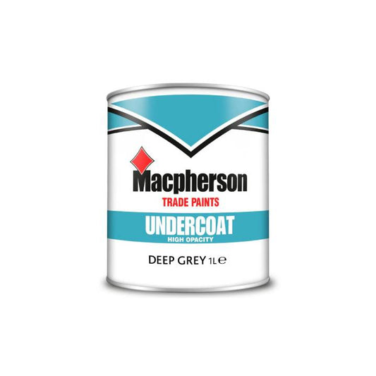 Macpherson Trade Paints Undercoats can for deep grey color on a white background
