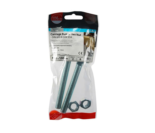 Carriage Bolt & Hex Nut - BZP - M12 x 100 - 2 PCS - TIMpac