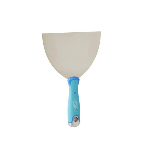 Metal trowel with a blue handle on a white background