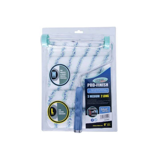 Packaged paint roller with blue bristles and 'Pro-Finish' label on a white background