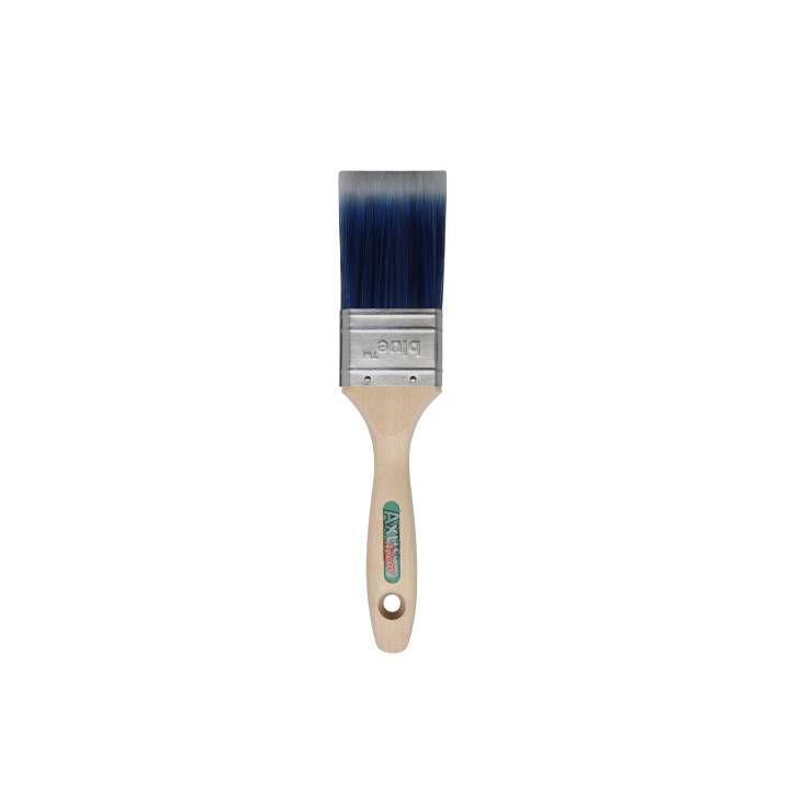 Paint brush with blue bristles on a white background