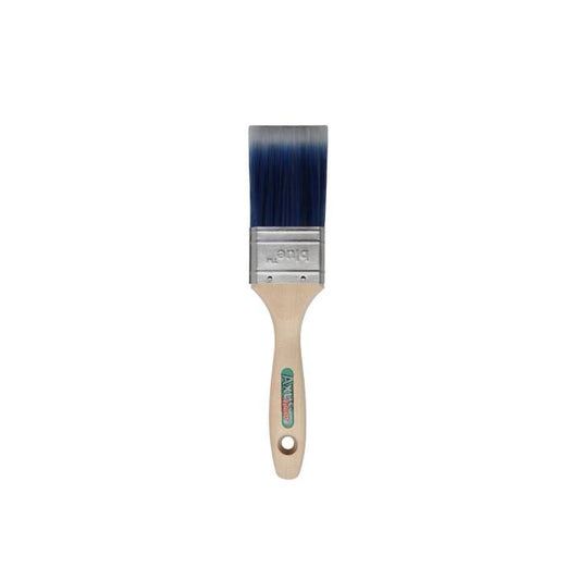 Paint brush with blue bristles on a white background