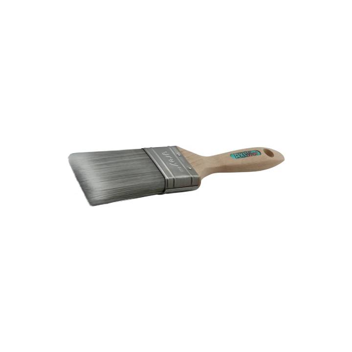 Paint brush with wooden handle and metal ferrule on a white background