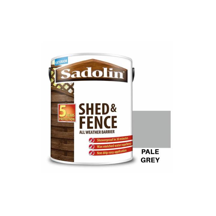 Sadolin Shed & Fence paint can in Pale Grey on a white background