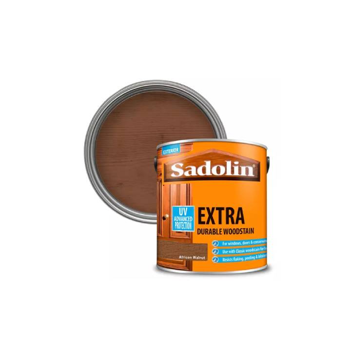 Can of Sadolin Extra durable woodstain with a wood sample on a white background