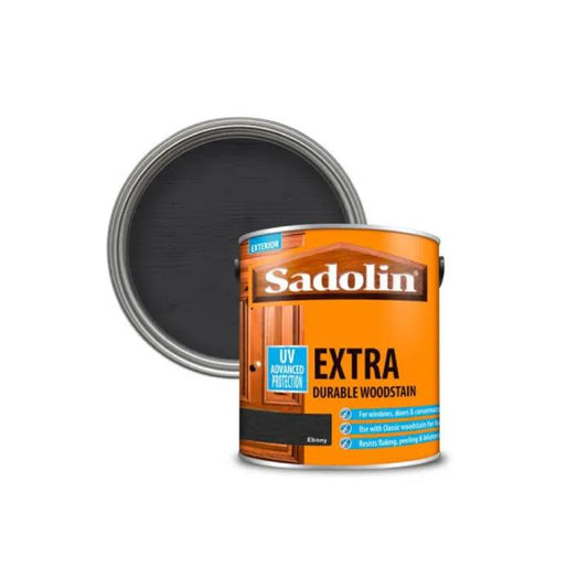 Can of Sadolin Extra Durable Woodstain with a black wood sample on a white background