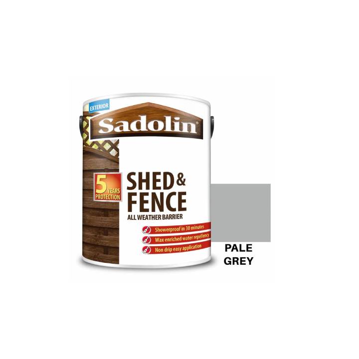 Sadolin Shed & Fence paint can in Pale Grey on a white background