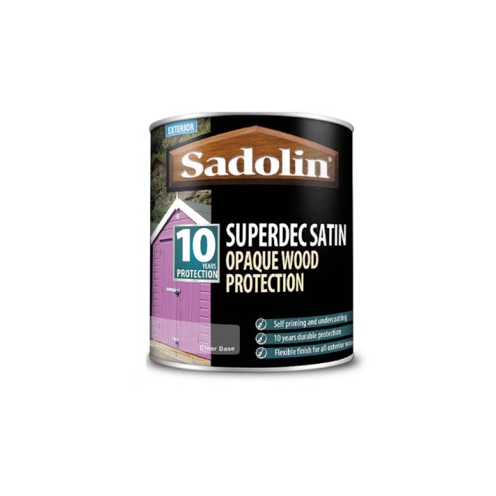 Can of Sadolin Superdec Satin Opaque Wood Protection on a white background