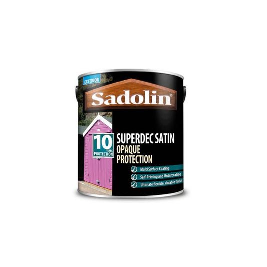 Sadolin SuperDec satin paint can on a white background