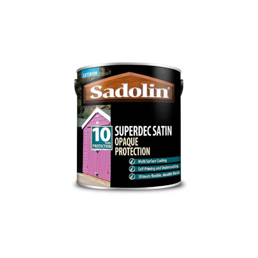 Sadolin Superdec Satin Opaque Protection paint can on a white background