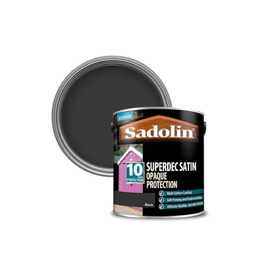 Sadolin Superdec Satin Opaque paint can with black paint inside on a white background