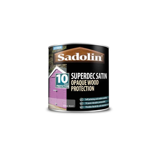 Can of Sadolin Superdec Satin Opaque Wood Protection on a white background
