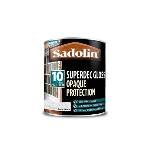 Can of Sadolin Superdec Gloss Opaque Protection on a white background
