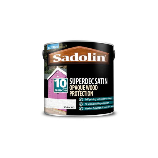 Can of Sadolin Superdec Satin Opaque Wood Protection on a white background