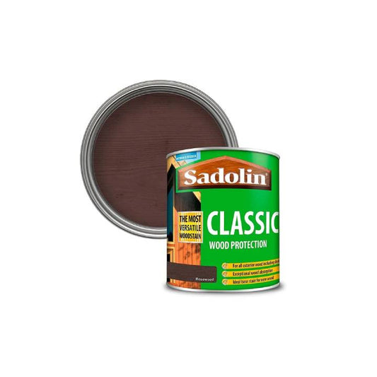 Sadolin Classic wood protection can with brown wood sample on a white background