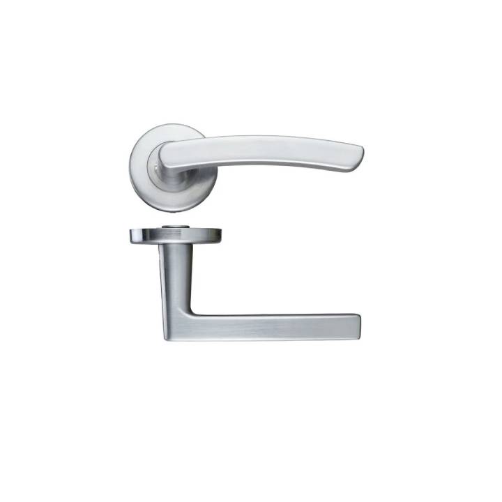 Silver door handle on a white background