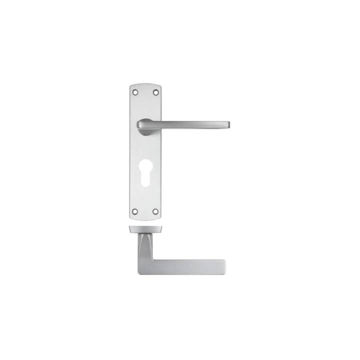 Silver door handle on a white background