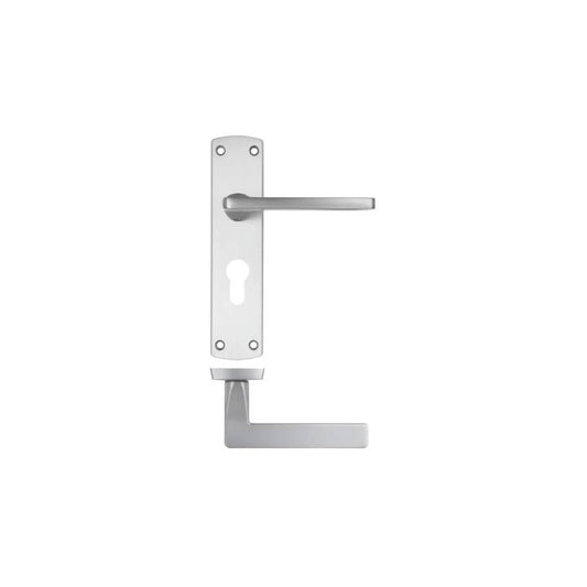 Silver door handle on a white background