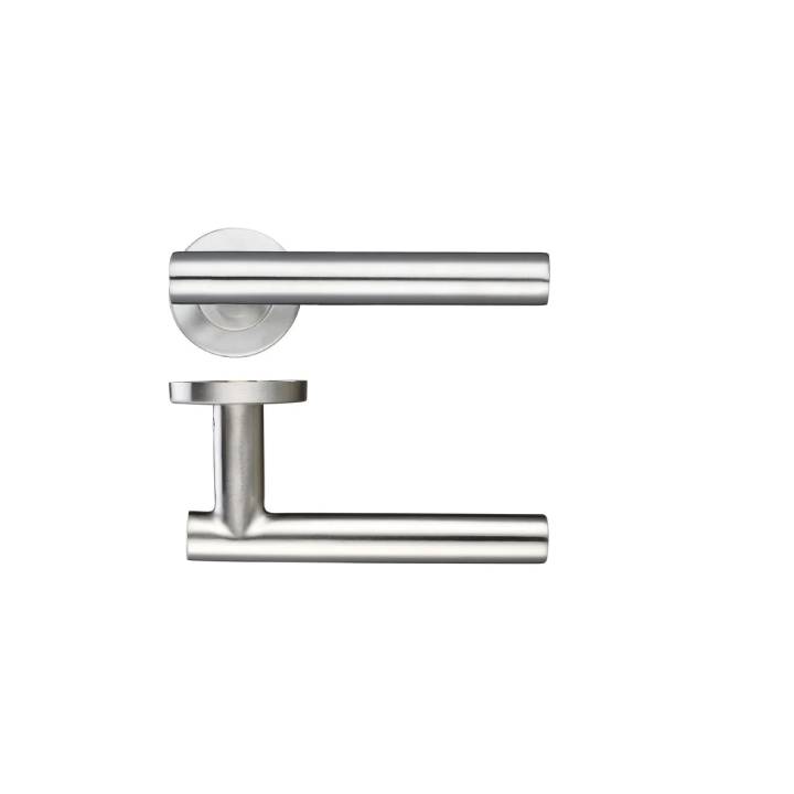 Stainless steel door handle on a white background