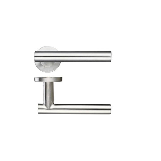 Stainless steel door handle on a white background
