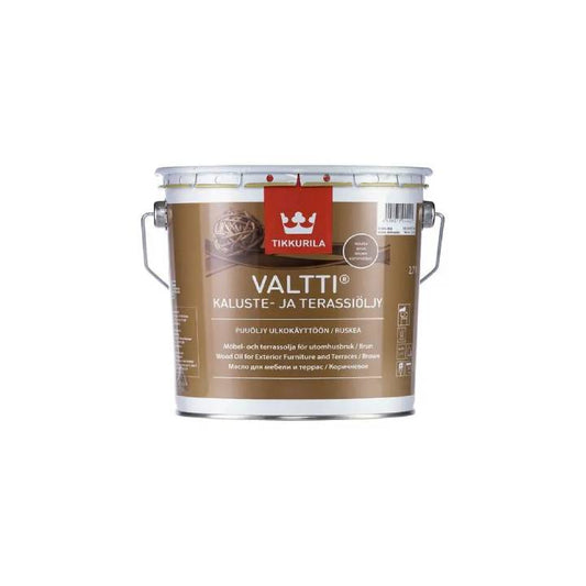 Tikkurila Valtti wood and terrace oil container on a white background