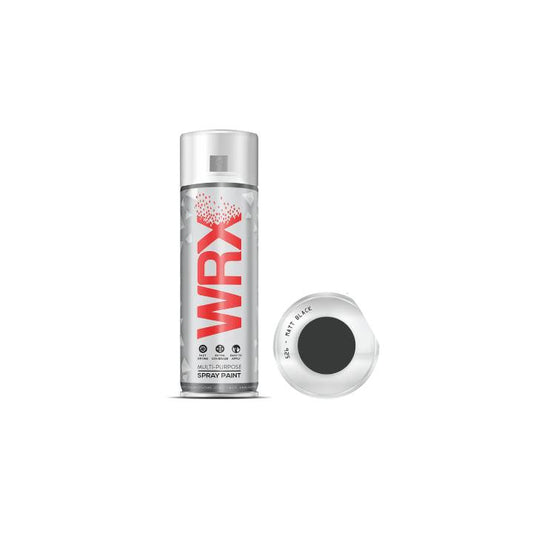 WRX spray paint can with a sample of black paint on a white background